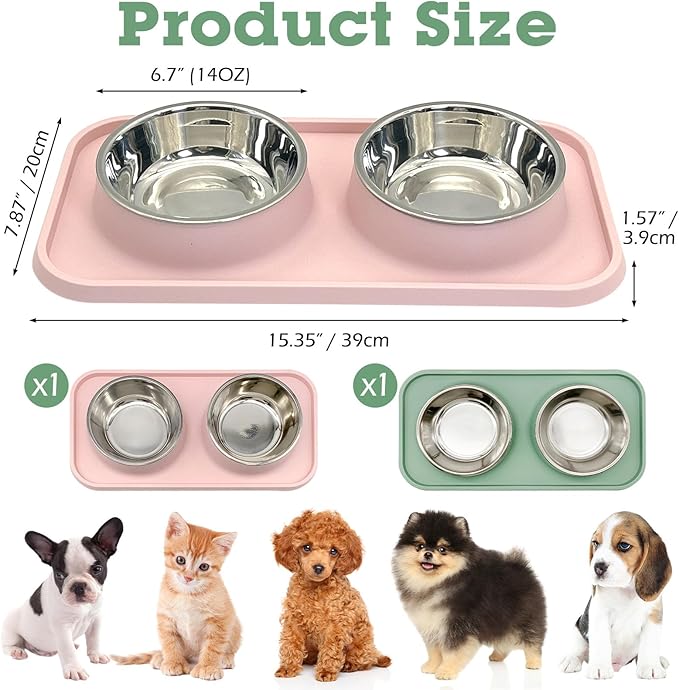 BNOSDM 2 Pcs Double Dog Food Bowls, Stainless Steel Small Dog Food and Water Bowls with Non-Spill Plastic Mat, Pet Cat Feeder Dish Set for Puppy Cats Kitten, Pink and Green