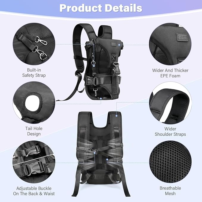 YUDODO 6-11lbs Front Pet Carrier Backpack for Small Dogs and Cats, Secure and Breathable Mesh Travel Dog Carrier with Safety Belt, Ergonomic Support, Adjustable for Walking, Hiking (Black-Pro S)
