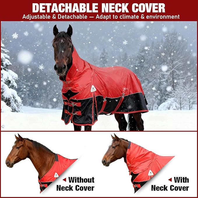 Horse Blankets Winter for Real Horses, 1600D Waterproof Poly Rain Sheets 78 in with Neck Cover Belly Wrap Tail Wrap Turnout Blanket, Stuff Care Medium Large Weight Heavy Outdoor Clothes Red Black