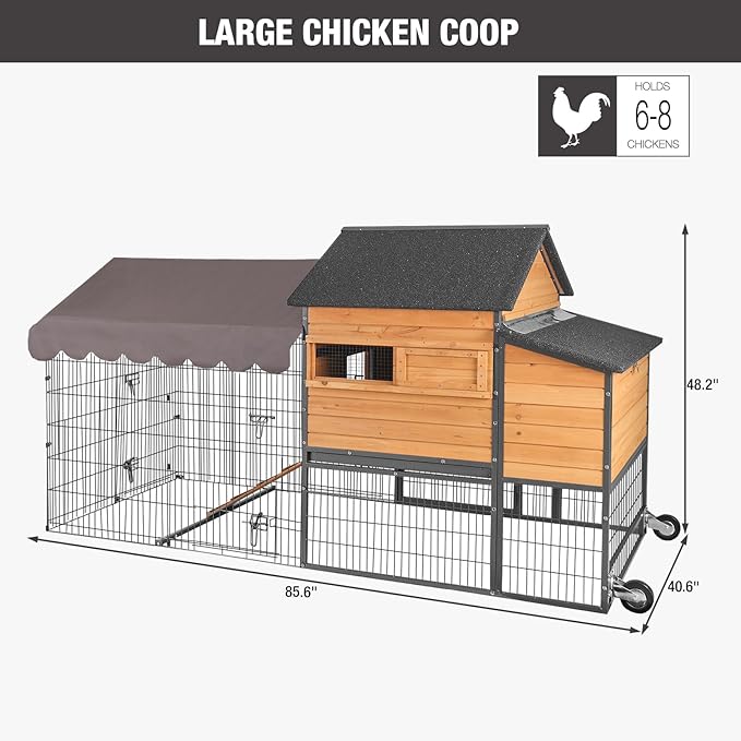 Large Chicken Coop with Run, Wooden Chicken House with Wheels, Hen Poultry Cage with All-Around Iron Frame for 6-8 Chickens, Chicken Tractor with Nesting Boxes and Metal Sliding Tray