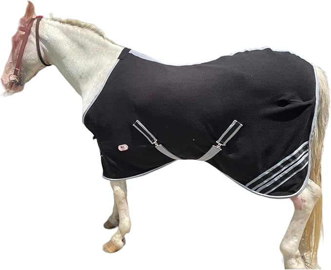 Majestic Ally Anti Pill Fleece Horse Blanket /Sheet with Silver Braided Rope (Black, 70)