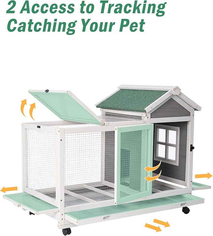 Outdoor Wooden Rabbit Cage:Rabbit Hutch Indoor, Bunny Hutch with Leak-Proof Pull Out Tray&Hideout, Small Animal Cage for Rabbits, Large Guinea Pigs, Portable Habitat with Lockable Wheels