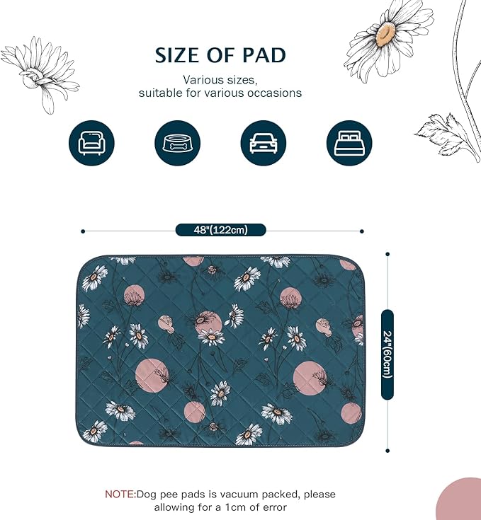 IEUUMLER Washable Pee Pads for Dogs, 2 Pack Non-Slip & Waterproof Pack Whelping Pad, Reusable Washable Puppy Potty Training Pad with Fast Absorbent for Playpen EU007 (Navy Blue Daisy, 24"X48"-2pcs)
