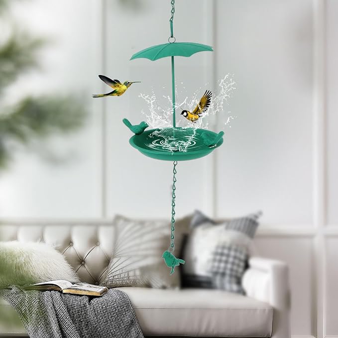 Hanging Bird Feeder, Metal Large Capacity Hanging Bath Tray Bird Water Feeder with Umbrella Top for Outdoor Garden Patio(Green)