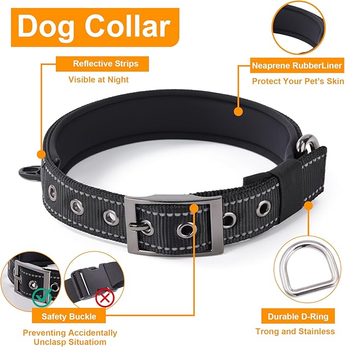 Annchwool No Pull Dog Harness,Heavy Duty Reflective Collar & Leash Set-Dog Leash with Double Handle & Car Seatbelt Clip-Easy Control for Walking Training Medium Large Size Dogs(Black,S)