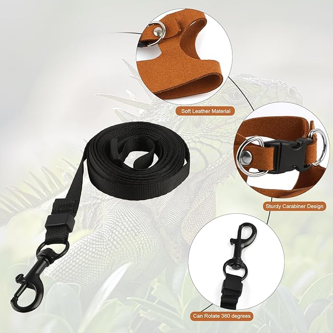 5 Pack Bearded Dragon Leash and Harness Set, Adjustable Soft Leather Lizard Leash with 3 Sizes for Small Animals, Reptile Walking Training Vest for Ferret, Hamster, Chameleon, Brown