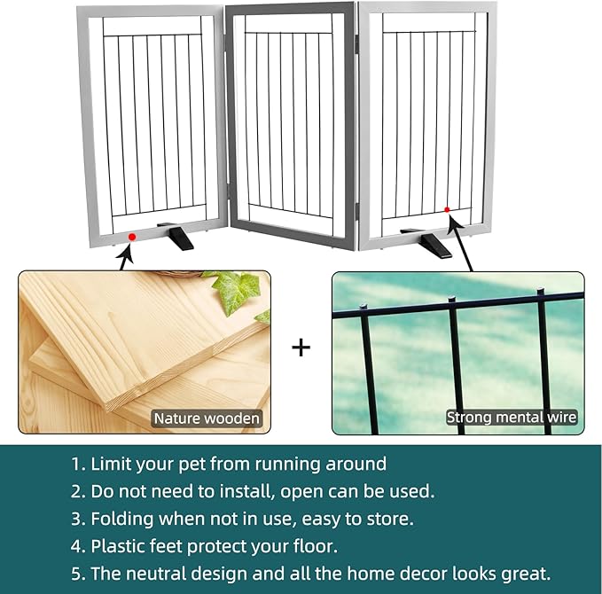 ZJSF Freestanding Dog Gate Indoor, Foldable Dog Fence for Doorways,Hallways or Stairs, Sturdy Wood Extra Wide Pet Gate with Support Feet,Grey,32 "Height-3 Panels