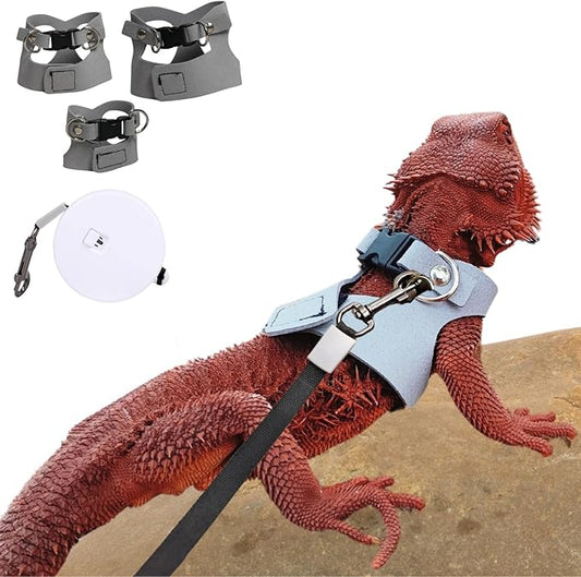 3 Pack Bearded Dragon Harness and Leash Set - Adjustable Soft Leather Lizard Harness with Retractable Leash Small Animal Traction Rope Walking Vest Accessories for Reptile Squirrel Rat (Grey)