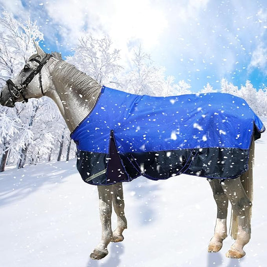 300g Fill 1200D Mid-Heavy Weight Winter Waterproof and Breathable Horse Blanket Belly Straps| Turnout Blankets with Reflective Strips (Dark Blue, 81'')