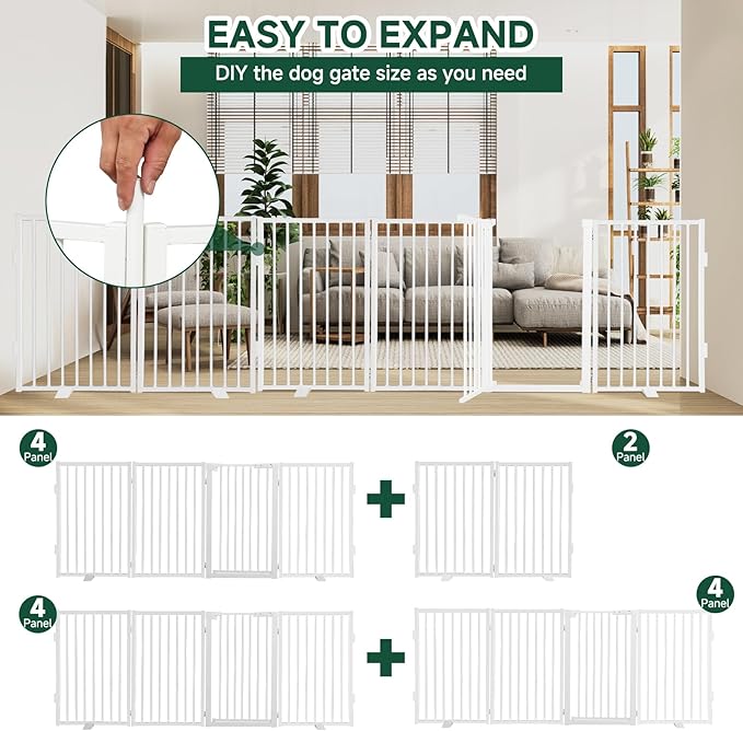 Snagle Paw Metal Freestanding Dog Gate with Door, 80” W x 24” H Dog Fence with Support Feet for Doorways, Stairs and Hallways, Portable Pet Gate for Indoor Use (4 Panel, White)