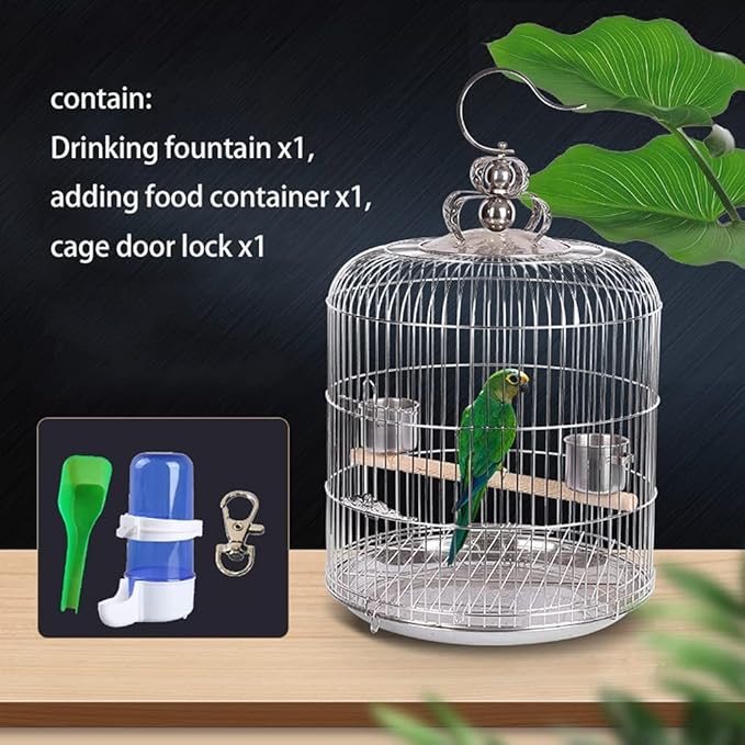 Stainless Steel Bird Cage Round Hanging Bird Carriers with Hook Birdcages for Home Garden Outdoor Small Parrot Birdcage，Wood 36cm/14.1in