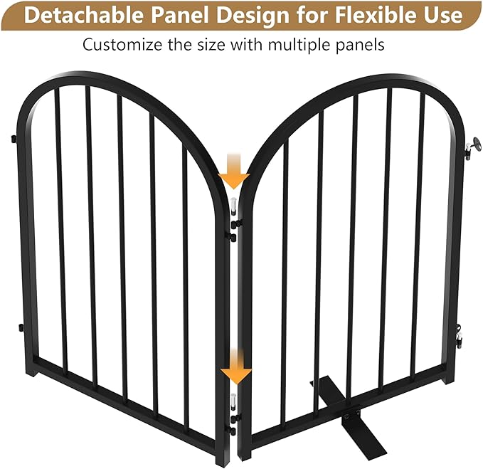 PUPETPO Full Metal Dog Gate with Door for Indoor Outdoor, 24" Tall Free Standing Pet Dog Fence, 72" Extra Wide Pet Gates for Stairs, Hallways, Doorways, Kitchen, Decks, Yards (Black, 4 Panels)