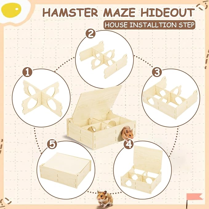 BreezeHug 4 Pcs Hamster Platform Hideout Wooden Tunnel Ladder Playhouse Hamster Game Climbing Toy with Platform Cage Accessories for Small Pets Dwarf Syrian Mice Degus Gerbils Squirrel(Castle)