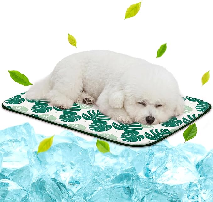 NWK Pack of 4 Pet Cooling Mat -Q-Max>0.345 Ice Silk Cooling Mat for Dogs & Cats Portable & Washable Pet Cooling Blanket, Car Seats, Beds for Summer (4pcs, Green Leaf, 27'' X 20'' X 0.3'')
