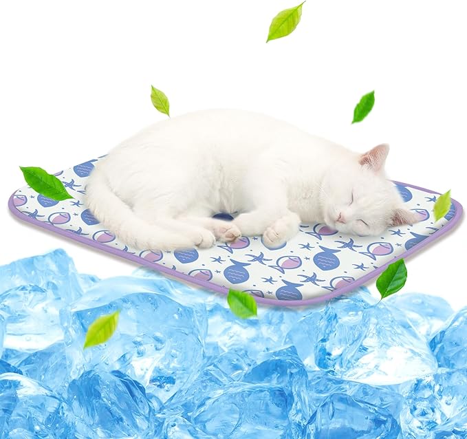 NWK Pack of 4 Pet Cooling Mat -Q-Max>0.345 Ice Silk Cooling Mat for Dogs & Cats Portable & Washable Pet Cooling Blanket, Car Seats, Beds for Summer (4pcs, Purple Fish, 20'' X 16'' X 0.3'')