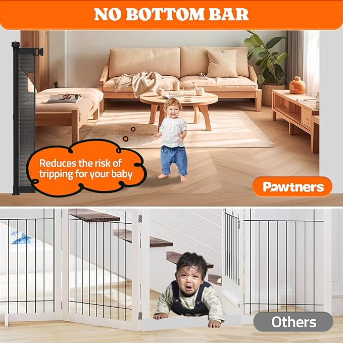 Pawtners Retractable Baby Gates Extra Wide, Dog Gate Indoor with Cat Door for Stairs, Pet Gate with Support Rods for Doorways Hallways Indoor & Outdoor,51" Tall x 200" Wide