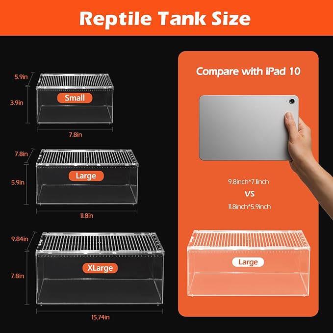 AZV Escape Proof Reptile Terrarium,Shatter Proof Polycarbonate Tarantula Tank with Magnetic Lid,Ventilated Spider Enclosure,360° Clear View,Easy Clean Habitat for Gecko,Frogs,Insects,Hermit Crabs L