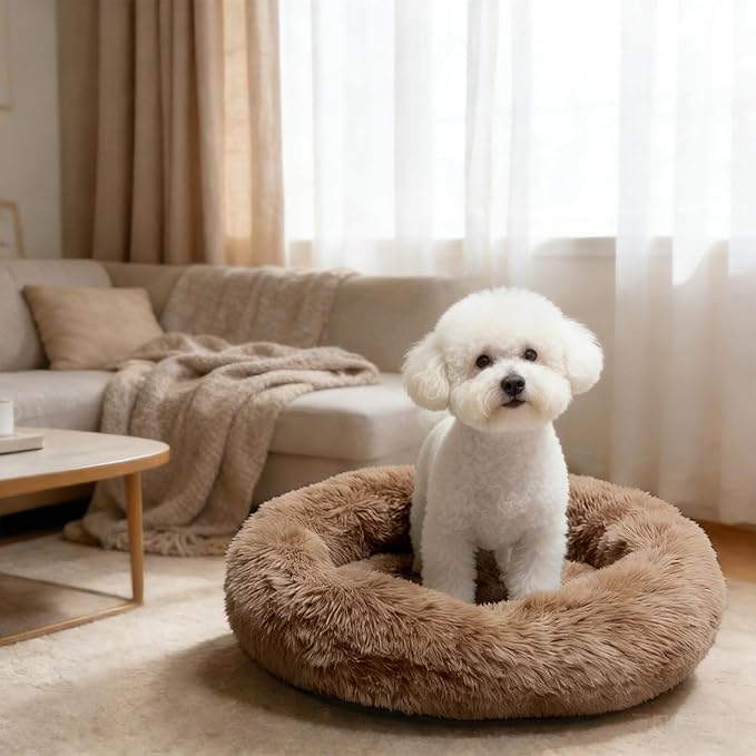 Comfort Donut Dog Bed for Small Dogs, Cat Bed & Pet Bed for Indoor Use, Medium Size with Soft Plush, Round Dog Beds for Large Dogs and Cats (Light Brown, 20''Lx20''Wx8''Th)