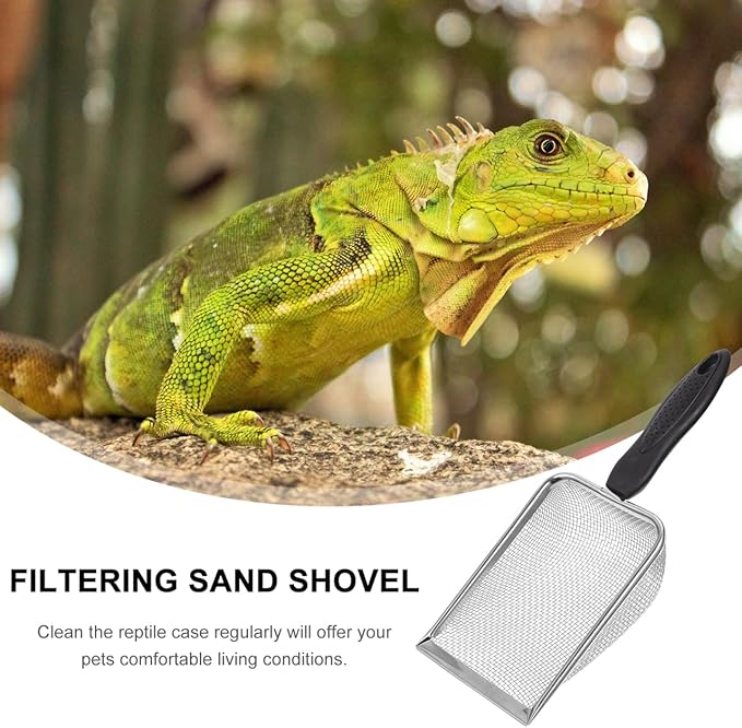 POPETPOP Stainless Steel Reptile Sand Shovel with Fine Mesh Sifter 10.62In Ergonomic Handle for Tortoise Lizard Snake Bedding and Terrarium Substrate Cleaning