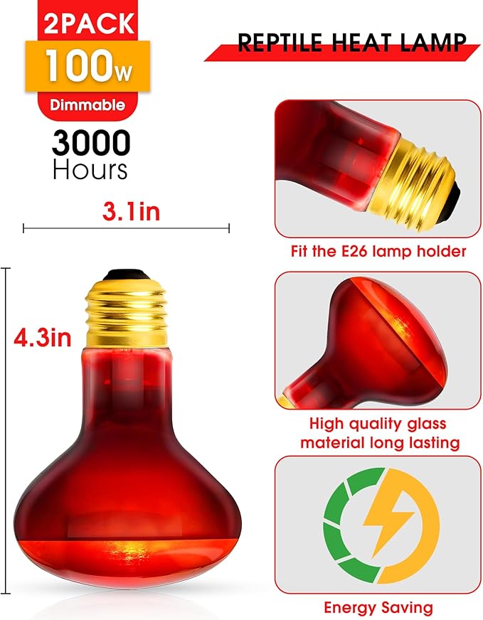 EvaStary 100W Infrared Heat Lamp Bulbs, 2 Pack Reptile Red Heat Lamp Bulb Infrared Basking Spot Light for Reptiles for Bearded Dragon, Turtle, Lizard, Snake, Chickens, Pets