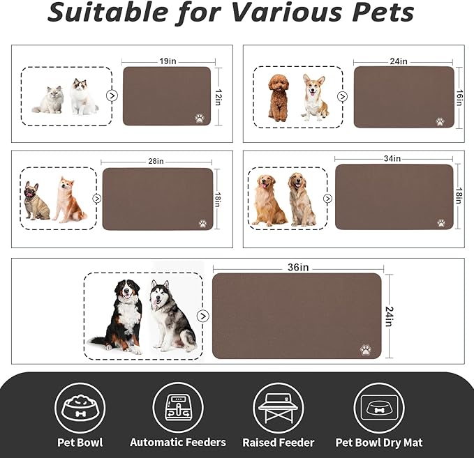 HotLive Dog Food Mat - Absorbent Cat Mat for Food and Water, No Stains Pet Feeding Bowl Mat, Easy to Clean Pet Placemats, Quick Dry Dog Water Dispenser Mat for Messy Drinkers | Paw Brown 16"x 24"