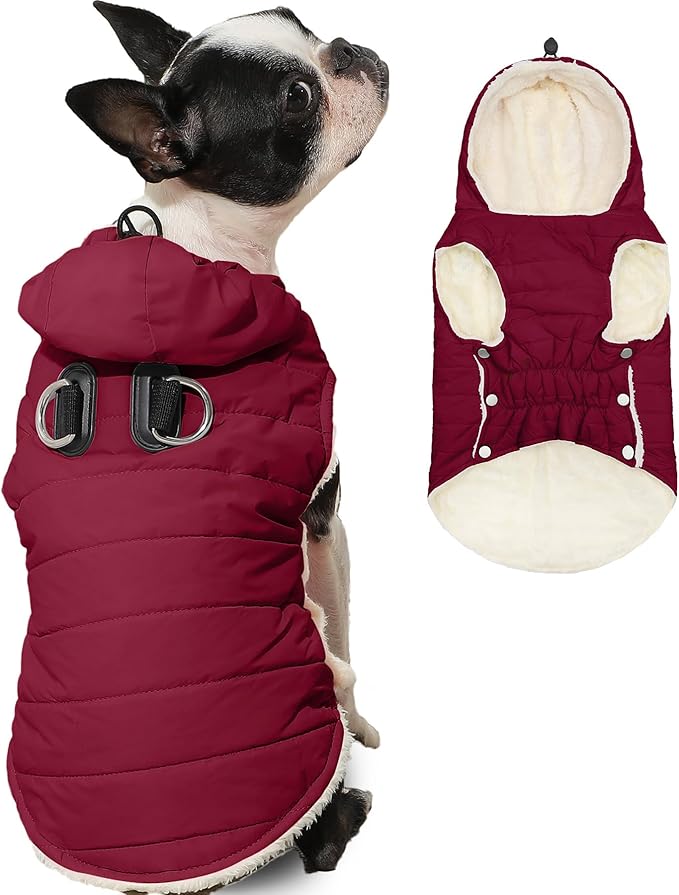 Vecomfy Fleece Lining Dog Hoodie with Harness Built in,Extra Warm Small Dog Jacket in Winter Puppy Coats with Drawstring Hooded,Red M