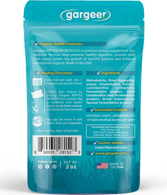 Gargeer Reptile Probiotics. Improve Appetite, Digestion and Boost Immune System. Supplement 10-12 Pounds of Food with Our 2 Oz Bag. Enjoy!
