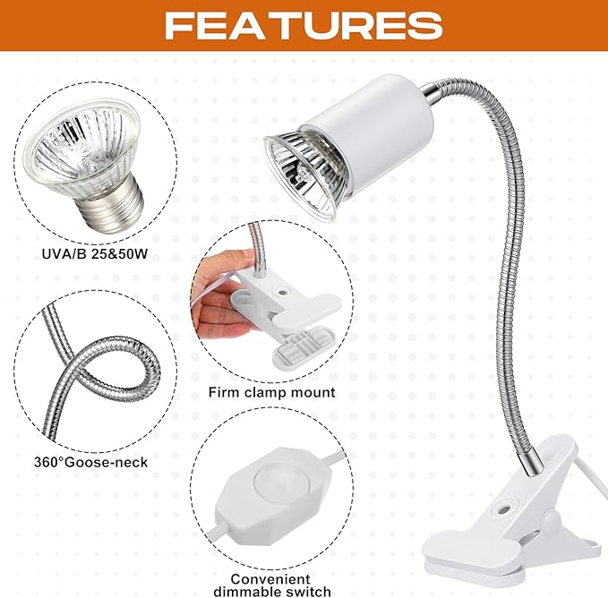 3 Set Reptile Heat Lamp UVA/UVB Turtle Heat Lamp Holder Fixture Clamp Basking Spot Adjustable 50w Full Spectrum Sun Sunbathe Bulb for Turtle Lizard Bearded Dragon Snake Aquarium Amphibian(White)