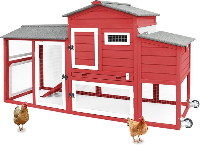Chicken Coop for 2-3 Chickens, with Large Nesting Box, No-Slip Ramp & Pull-Out Tray, Wooden Poultry Bunny Hutch for Outdoor Indoor
