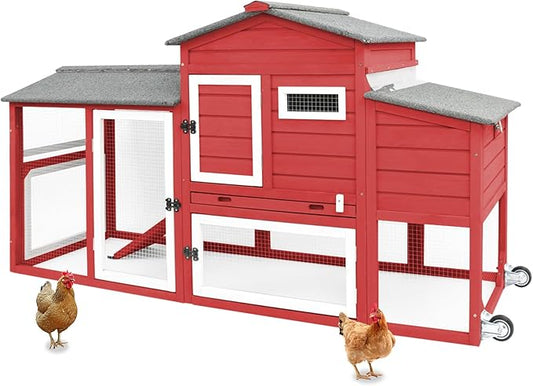 Chicken Coop for 2-3 Chickens, with Large Nesting Box, No-Slip Ramp & Pull-Out Tray, Wooden Poultry Bunny Hutch for Outdoor Indoor