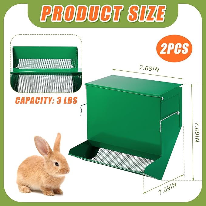Maxcheck 2 Pcs Rabbit Feeder for Cages Small Animal Food Pellet Dispenser with Lid Metal Chicken Grit Oyster Shell Squirrel Feeders Outside(7.7 Inches,Mesh Bottom,Green)