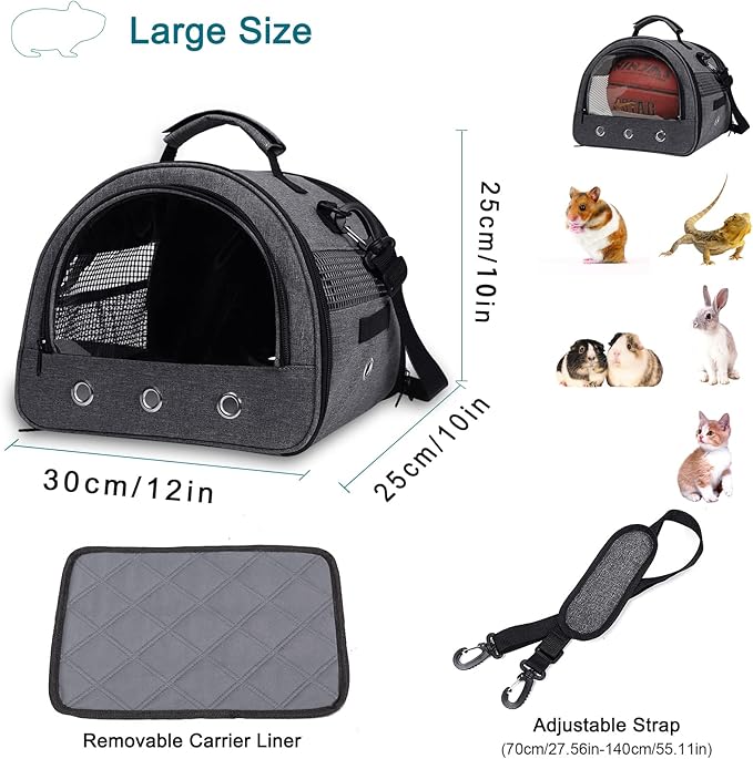 Guinea Pig Carrier, Small Pet Hamster Carrier Bag, Rabbit Bunny Travel Carrier Outdoor Handbag, Breathable Carrier for Small Animals with Water Bottle Holder & Removable Liner (Grey)