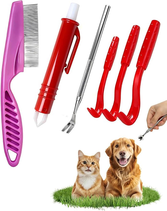 Tick Removal Tool 6 in 1, Pet Tick Remover Kit with Flea Comb, Portable Outdoor Stainless Steel Control Fork, 3 Ultra-Safe Twister for Dogs, Cats, Horses & Humans (Red)