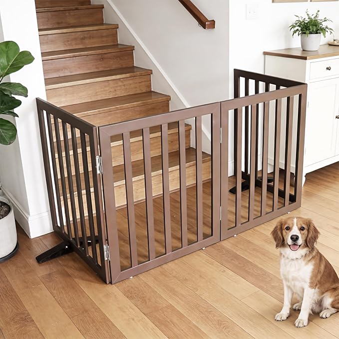 Dog Gate Indoor, Freestanding Dog Fence for The House, Doorways, Hallways,or Stairs,Pet Gate Foldable Wooden,Expandable 24" Height 3 Panels,Brown
