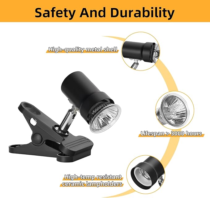 Reptile Heat Lamp with 360° Rotatable Clamp Basking Spot Light with 50W UVA UVB Heat Bulb Simulated Sunlight Heating Lamp for Turtles Lizards Snakes Amphibian Terrariums Tanks