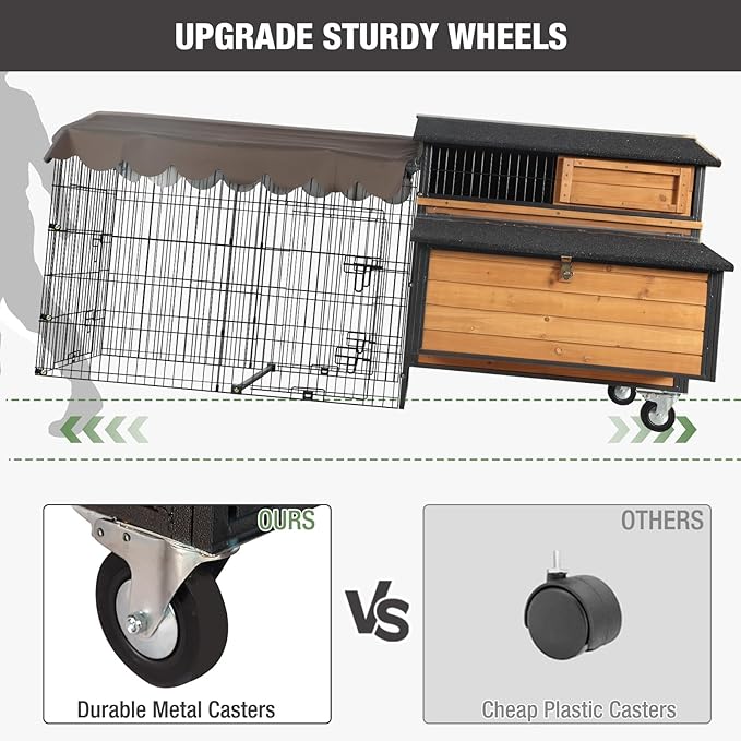 Large Chicken Coop with Run, Mobile Chicken House with Wheels and All-Around Iron Frame, Chicken Tractor Poultry Cage for 6-8 Chickens, Nesting Box, Metal Pull-Out Tray