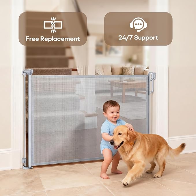 SPACEANY Retractable Baby Gate for Stairs & Doorways - 55" Wide Portable Safety Gate | Fits Baseboards, Easy to Use Indoor/Outdoor | Mesh Gate for Dogs, Puppies, Gray