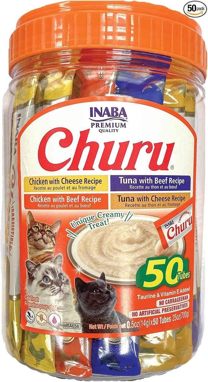 INABA Churu Cat Treats, Lickable, Squeezable Creamy Purée Cat Treat with Green Tea Extract & Taurine, 0.5 Ounces Each Tube, 50 Tubes, Beef & Cheese Variety by INABA