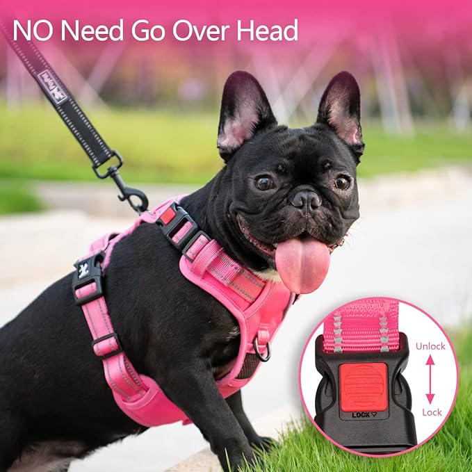 PoyPet No Pull Dog Harness, No Choke Reflective Dog Vest, Adjustable Pet Harnesses with Easy Control Padded Handle for Small Medium Large Dogs(Pink Matching Trim,M)