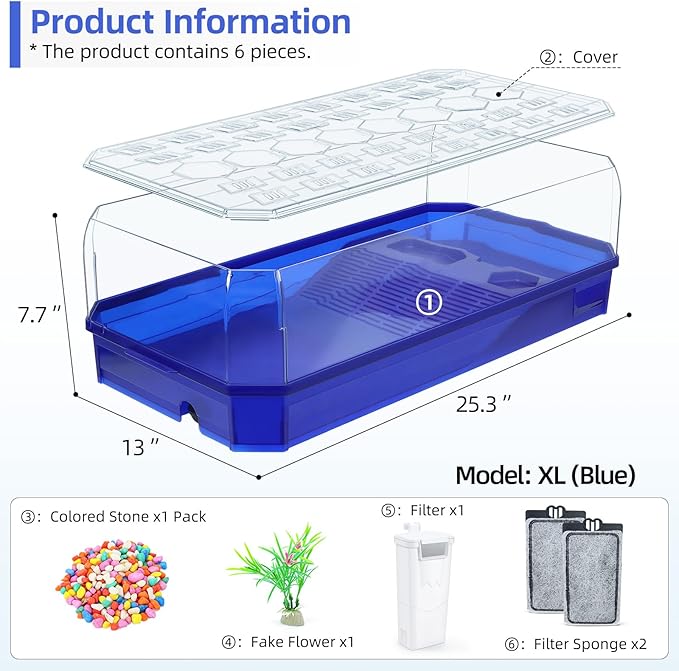 Turtle Tank Tortoise Terrarium with Pump＆Filter with Shower Function Easy to Change Water and Clean Water for Turtle Horned Frog Hermit Crab Blue, XL