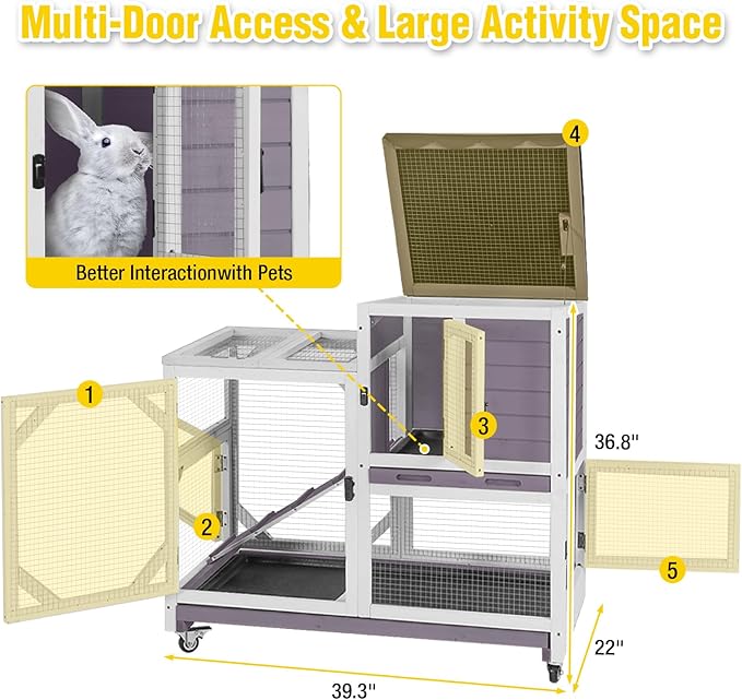 Aivituvin 39.3" Large 2-Story Large Rabbit Hutch Indoor Rabbit cage Wooden Bunny Cage with Chew-Proof Ramp, Leak-Proof Tray, Lockable Wheels for 2-4 Rabbits, Guinea Pigs (Grey)