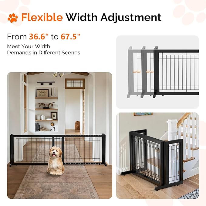 Bonnlo Free Standing Dog Gate, 37" - 68" Wide Pet Gate for Fireplace Stairs Doorways, Wooden Adjustable Pet Fence Indoor, Christmas Tree Gate (Black)