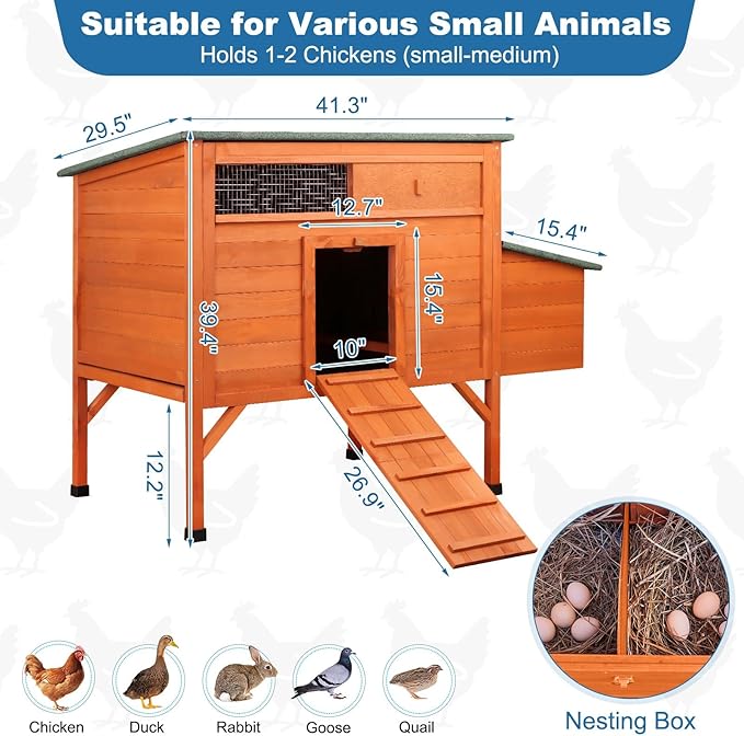 FunXplore Outdoor Chicken Coop Weatherproof Wooden Hen House Small Animal Pet Hutch with Asphalt Roof Elevated Legs Removable PVC Layer Above Nest Box Pull-Out Tray