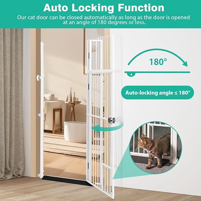 71" Extra Tall Pet Gate with Cat Door, Fits for 28.7"&37.5" Extra Wide Pressure Mounted Pet Barrier Auto-Close Safety Cat Gate with Walk Through Door Latch,White,No Drill
