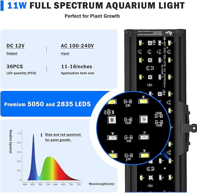 AQQA LED Aquarium Light, 24/7 Mode Clip on Fish Tank Light with Memory Function, DIY Mode Full Spectrum Aquarium Plant Light, Adjustable Timer/Brightness, IP68 Waterproof for 11-16 Inch Fish Tank 11W