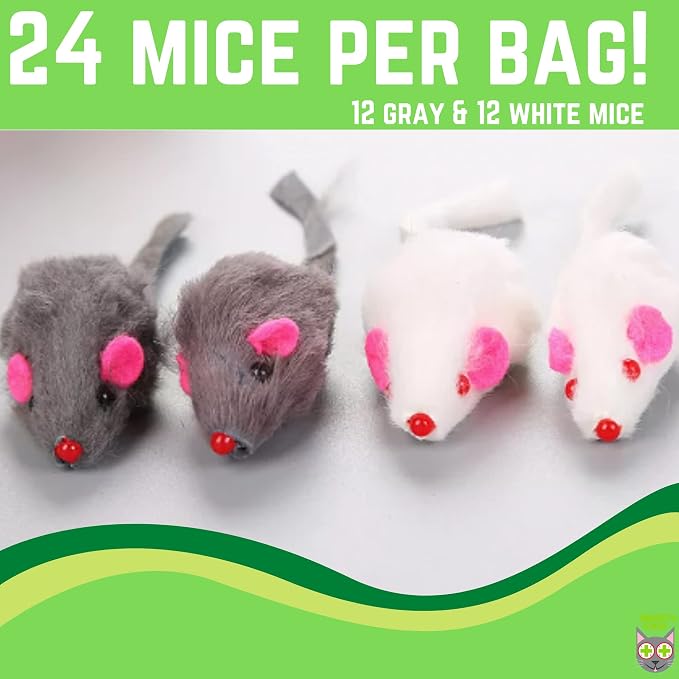 Smokey's Stash Rabbit Fur Mouse Cat Toy 24 per Pack White and Gray Fuzzy Toys for Cats with Rattle Realistic Fake mice (24) - Image 5