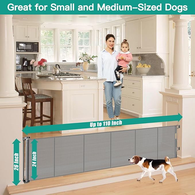24 Inch Tall x 110 Inch Extra Wide Retractable Dog Gate for The House, Short Baby Gate to Step Over, Reinforced Mesh Puppy Gate for Doorways, Step Over Pet Gate for Stairs, Indoor/Outdoor, Gray