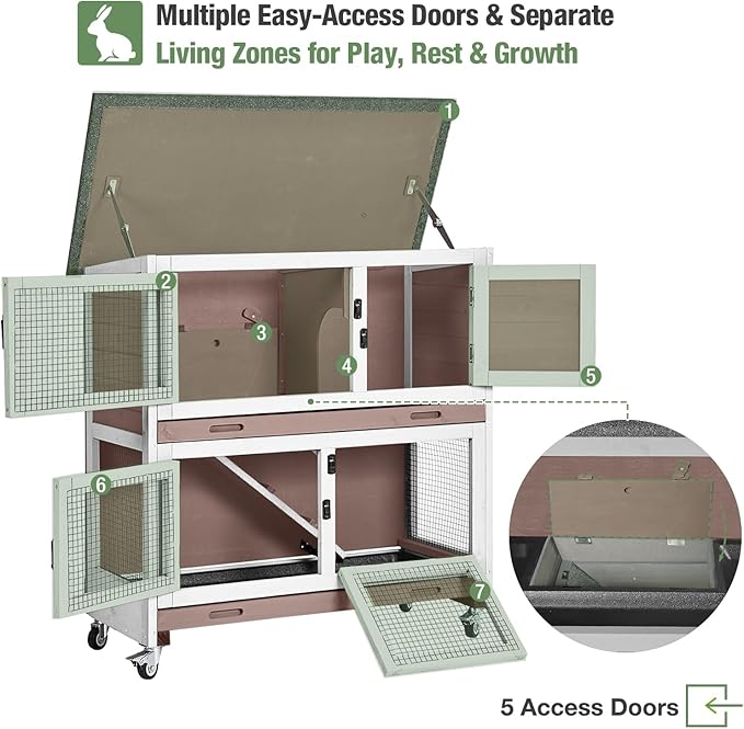 Rabbit Hutch Indoor Outdoor, Large Bunny Cage with Wheels, 2-Tier Wooden Rabbit Cage, Chew-Proof Ramp with Metal Edges, Dual Pull-Out Trays, Bunny House for Rabbits & Guinea Pigs