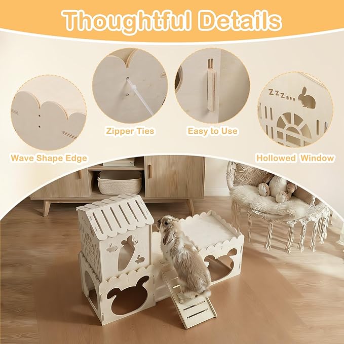 Large Rabbit House, Wooden Bunny Castle with 4 Houses Indoor, Rabbit Guinea Pig Cage Multistory Climbing Tower Sturdy Wooden Castle, Small Animal Hideaway Tunnel (4 Houses)
