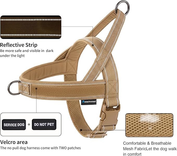 Annchwool No Pull Dog Harness,Heavy Duty Reflective Collar & Leash Set-Leash with Double Handle & Car Seatbelt Clip-Easy Control for Walking Training Medium Large Size Dogs(Brown,M)
